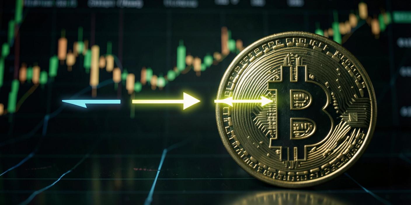 Bitcoin coin in front of trading charts with price spread arrows between exchanges